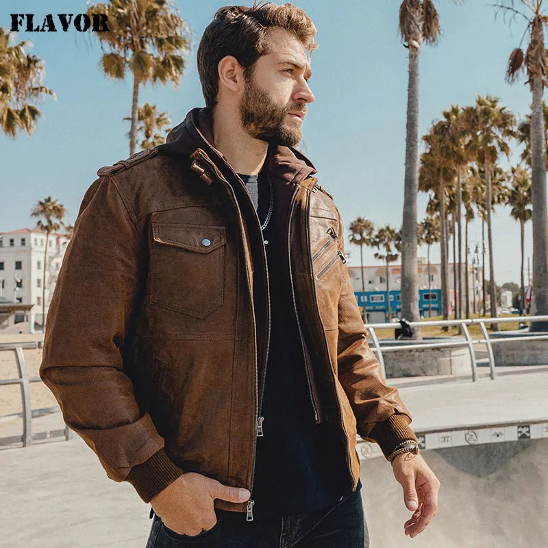 FLAVOR mens leather jacket mens motorcycle detachable hood winter jacket mens warm leather jacket 241023