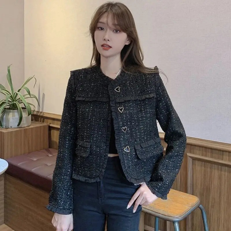 Womens retro elegant pleated black tweed jacket Spring and Autumn Korean fashion womens long sleeved chic short sleeved jacket 241023