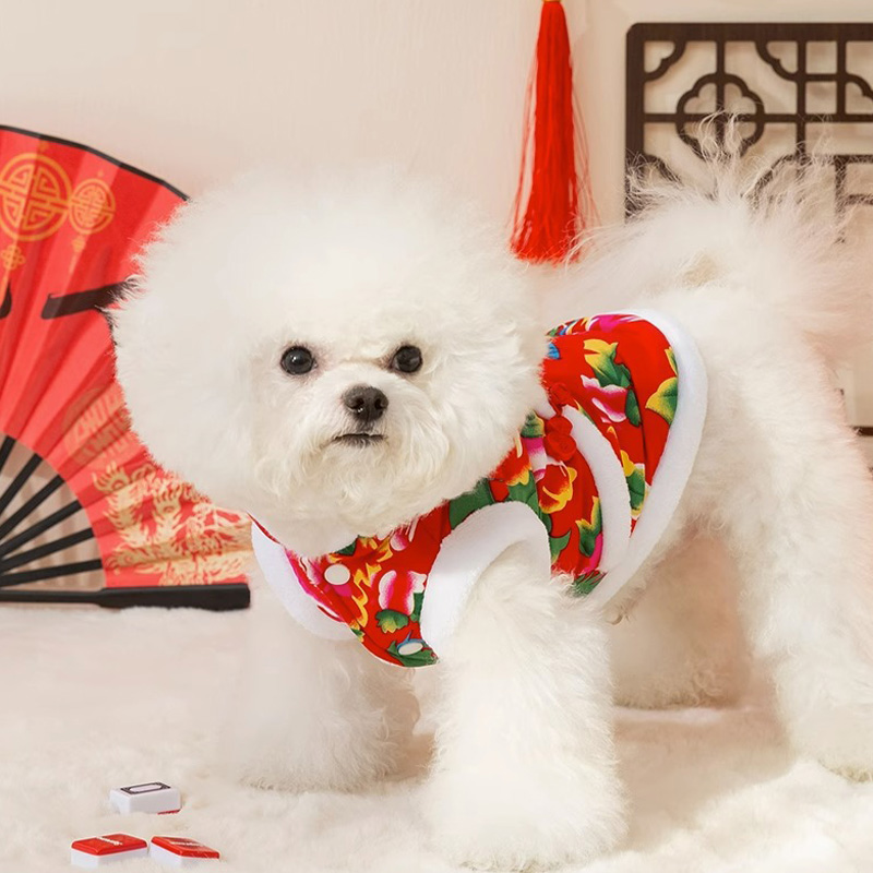 Autumn and winter ethnic style Northeast big flowers cotton jacket dog clothes small and medium-sized dogs Teddy New Year's festive pet clothes