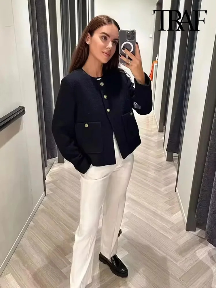 TRAF Womens Fashion Pocket Denim Jack Coat Retro Long Sleeve Front Buckle Womens Coat Fashion Top 241023