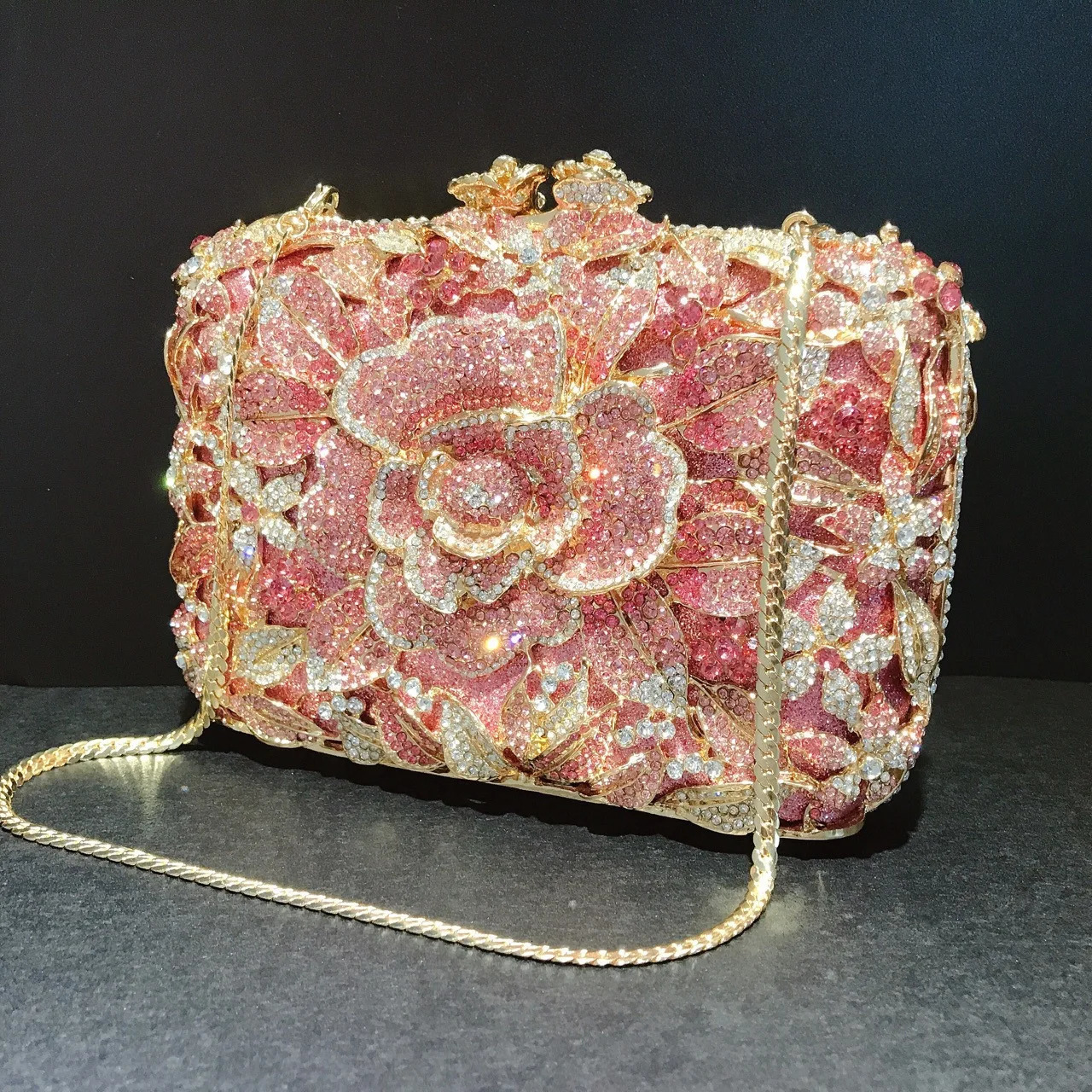 Pink rhinestone flower clutch wallet crystal er womens dinner party handbag unique diamond wedding evening bag 241023