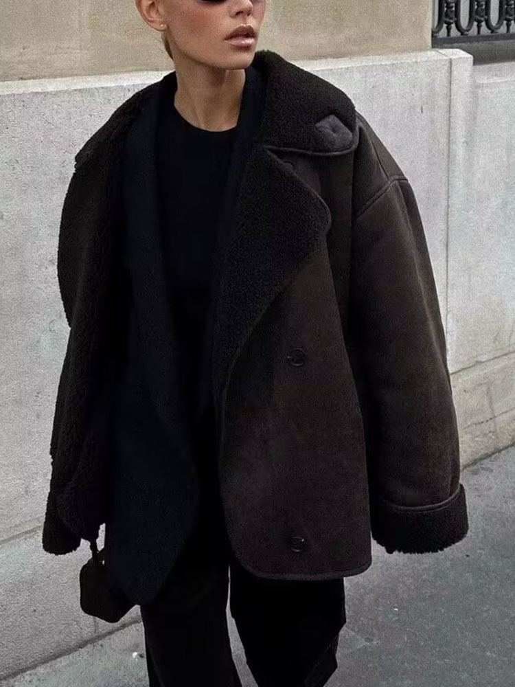 Vintage Suede Women Faux Fur Coat Winter Thick Warm Turndown Collar Outerwear Ladies Casual Slim Long Sleeve Coats Chic