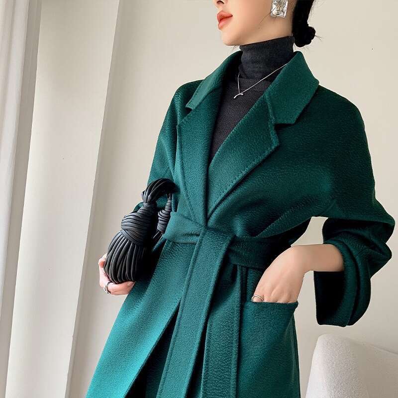 Rose Bathrobe Water Ripple Cashmere Wool Mid-Length Coat Women Elegant Fashion Loose Laepl Pocket Woolen Coats Autumn Winter