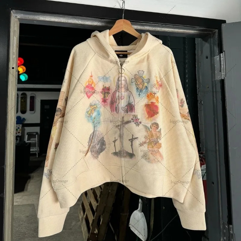 American retro casual oversized sportswear Harajuku punk cross print zipper hoodie mens street trend clothing jacket 241023