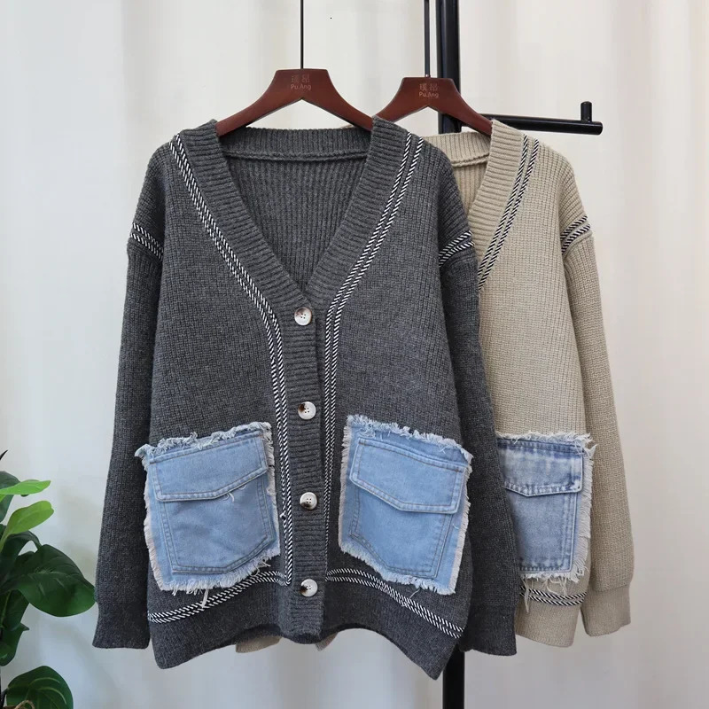 Women Sweater Denim Patchwork Cardigan Kintted Loose Spring Autumn Vintage Winter Streetwear Y2k Jumper Coat Cardigans 241021