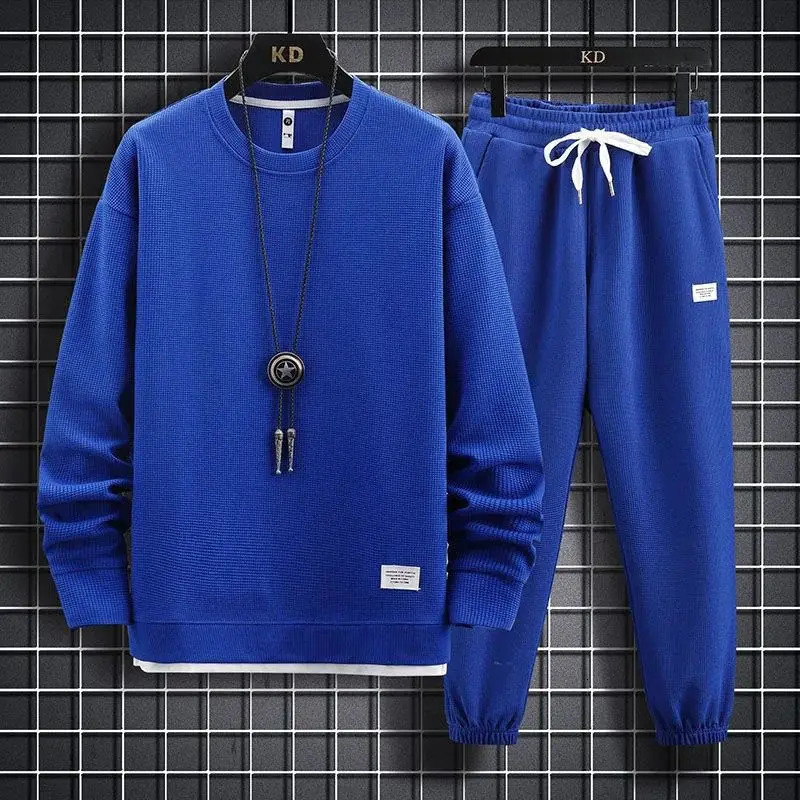 Mens waffle set 2-piece casual long sleeved sweater and pants sports T-shirt hooded casual mens loose set 241022