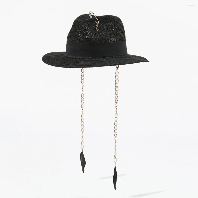 Berets 2025 Feather Chain Sun Straw Hats For Women Fashion Pin Ladies White Black Party Summer Beach Hat Wide Brim