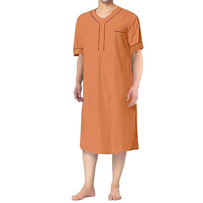 Summer mens casual short sleeved V-neck pajamas fashionable home clothes loose and comfortable solid color high-end night light S-3XL W241023