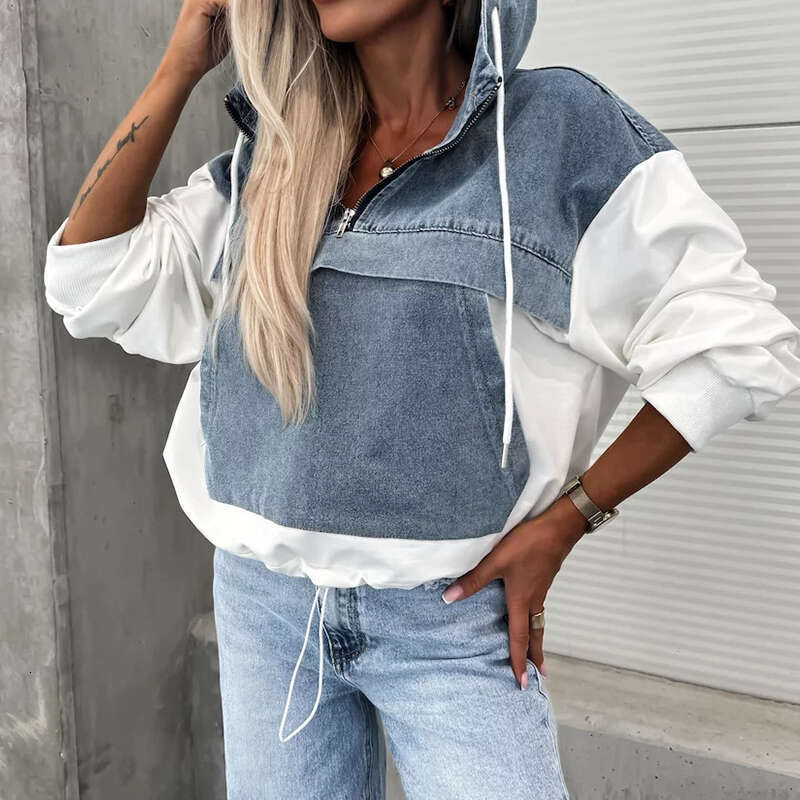High end Women Elegant Denim Female Hoodie Sweatshirt Fashion Stitching Drawstring Hooded Ins High Street Jeans Long Sleeve