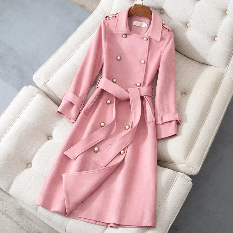 Womens double breasted long pink trench coat Korean fashion suede jacket 241022