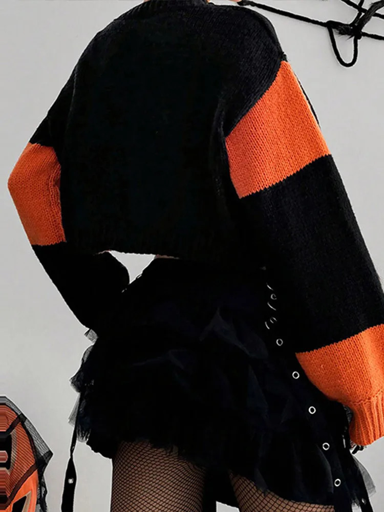 Casual Ghost Pumpkin Pattern Knitted Cardigan Retro Long Sleeve Patchwork Womens Crop Sweater Autumn Womens Clothing 241022