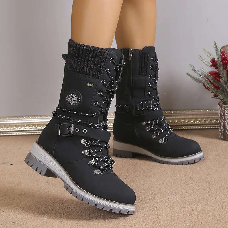 Lace-Up Combat Snow Chunky Heel Platform Women High Sole Increase Height Casual Thick Warm Cotton Boots