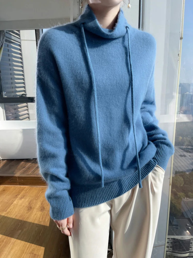 Merino Wool Sweater Autumn Winter Womens High Neck Long Sleeve Cashmere Knit Pullover Solid Color Versatile Basic Top Jumper 241021