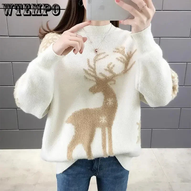 WTEMPO Christmas Year Loose Knitted Sweaters Women Autumn Winter Warm Pullover Top All Match Sweater Bottoming Shirt Female 241021