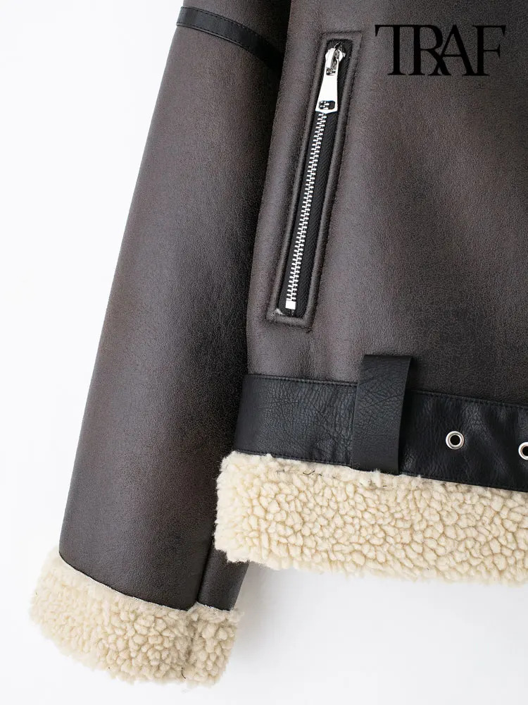 TRAF Womens Thick Warm Suede Jacket with Belt Long Sleeve Coat Artificial Cut Womens Wear Fashion Top Winter Fashion 241023