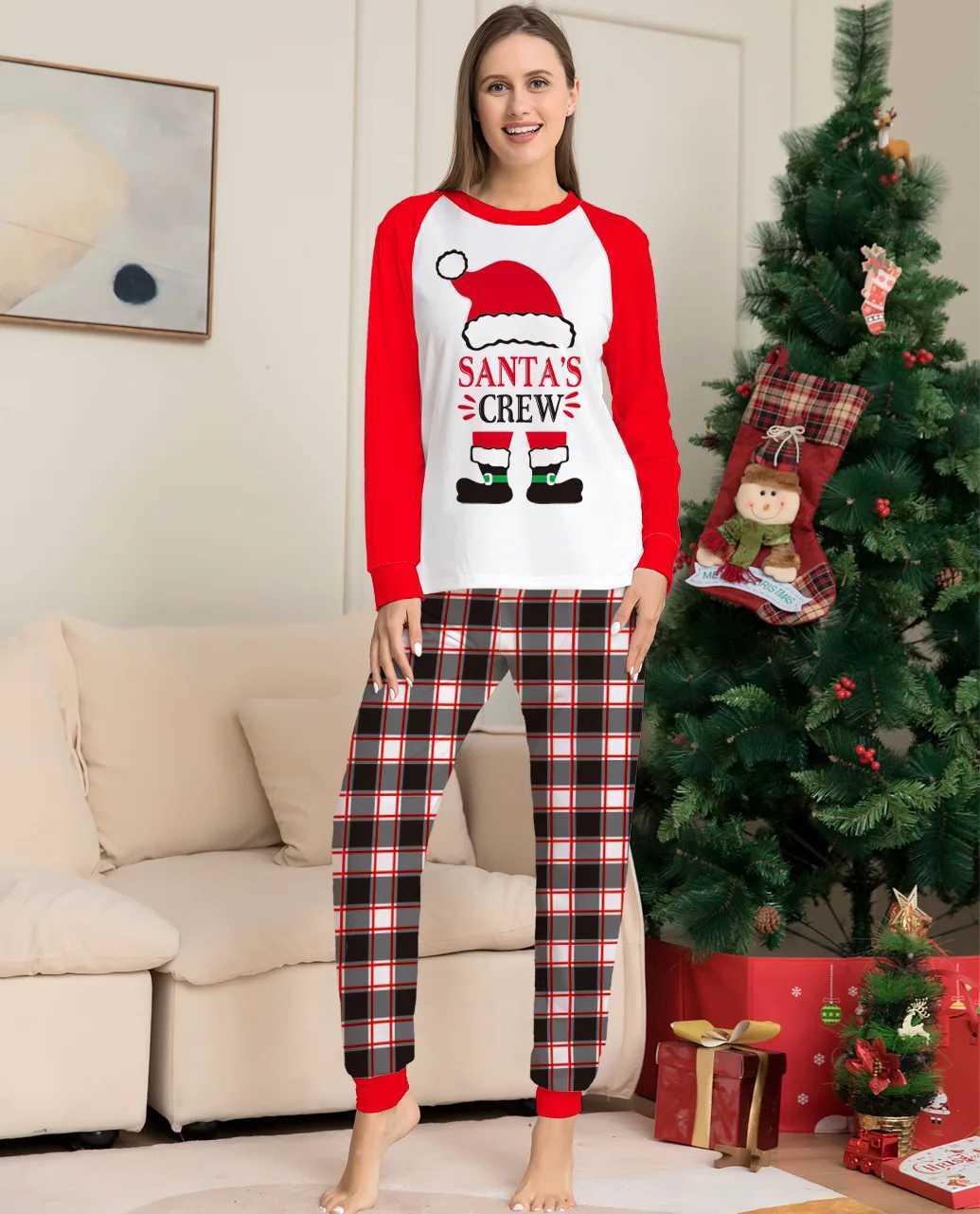 Xmas Family Matching Pajamas 2022 New Cartoon Christmas Hat Letter Print Plaid Pants Adult Kids Suit Baby Jumpsuit Dog ClothesXJ241008