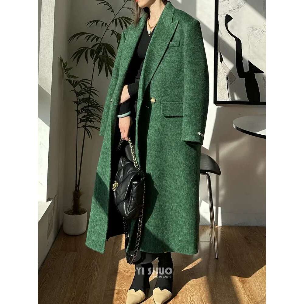 Rose Green Double-Sided Cashmere Suit Collar Straight Fit Long Wool Elegant Slim Woolen Coat Women 2023 New