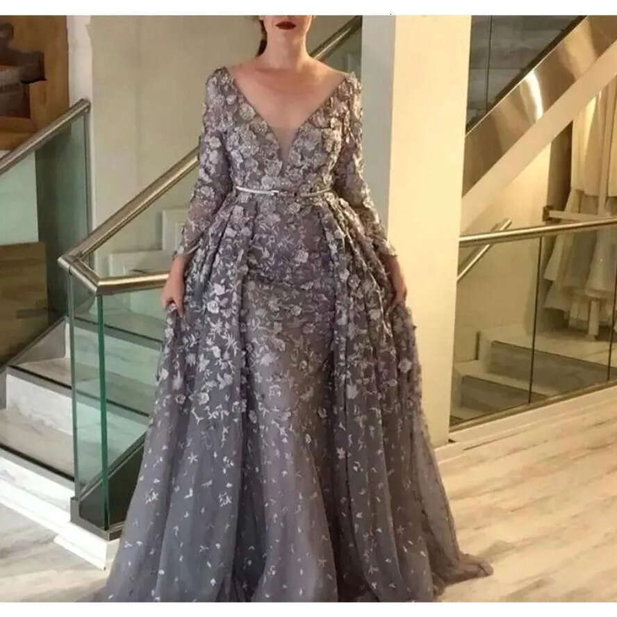 Evening Dresses Gray Vintage With Detachable Skirt A E V Neck Long Sleeves Appliques Formal Mother Of Bride Groom Party Ocn Dress Custom Made Bc18955 