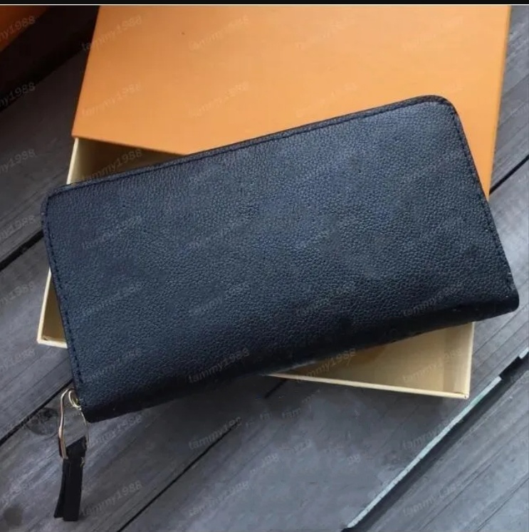 Black High Quality Single Zipper Wallets Designer Wallets women Genuine Leather wallets lady ladies long purse Embossed Black design card With Box dust bag
