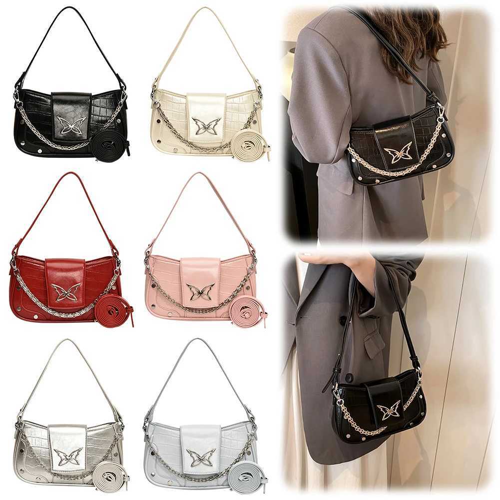 Women Pu Leather Shoulder Bag Butterfly Pattern Y2k Handbag with Chain Hobo Adjustable Strap Satchel Purse for Work 241023