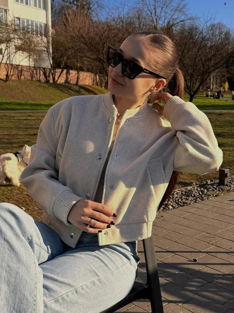 Y2K TRAF coarse tweed womens bomber jacket spring stand collar chic jacket solid womens jacket pocket casual jacket 241023