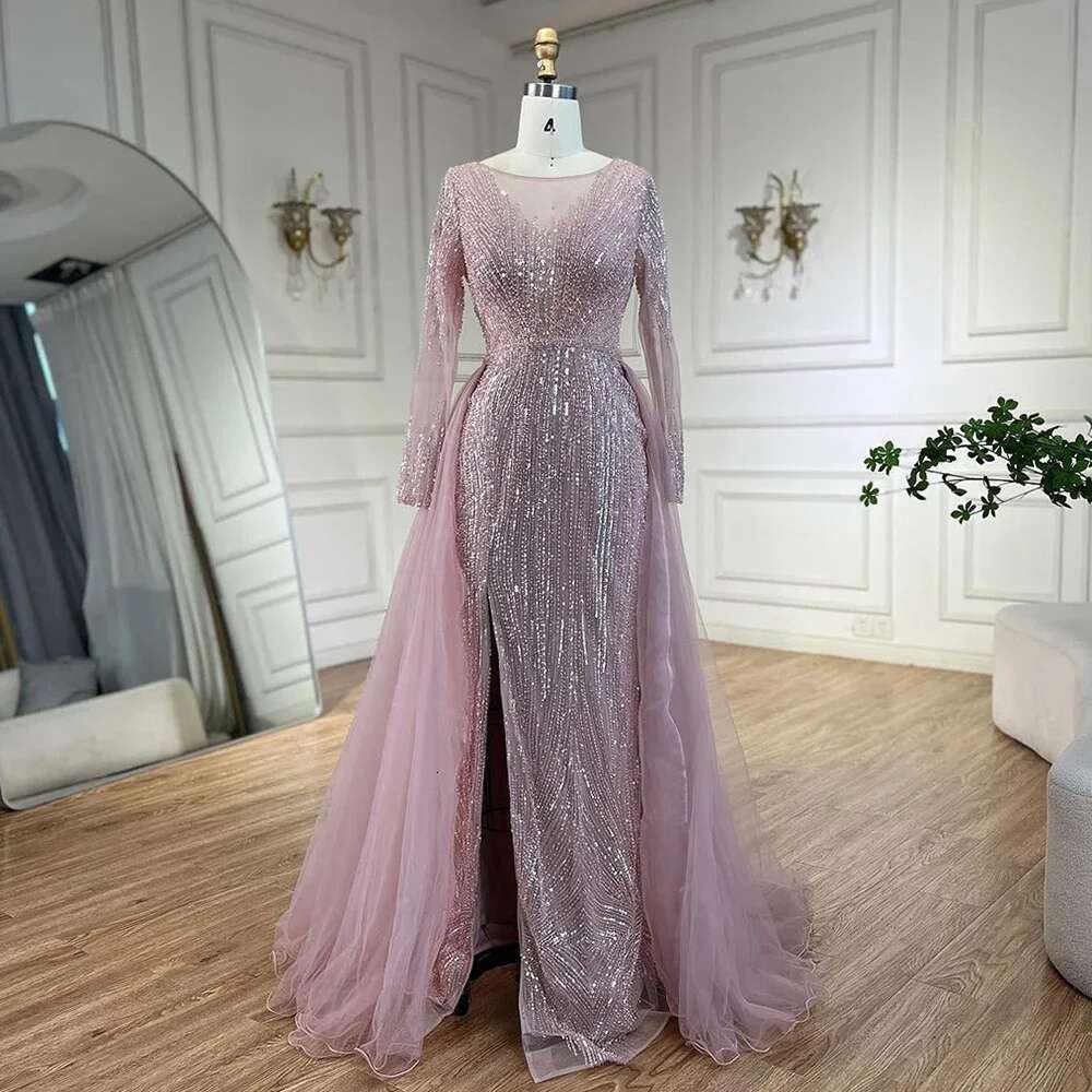 Hill Arabic Serene Pink With Overskirt Mermaid Beaded Evening Dresses Gowns For Women's Party Prom