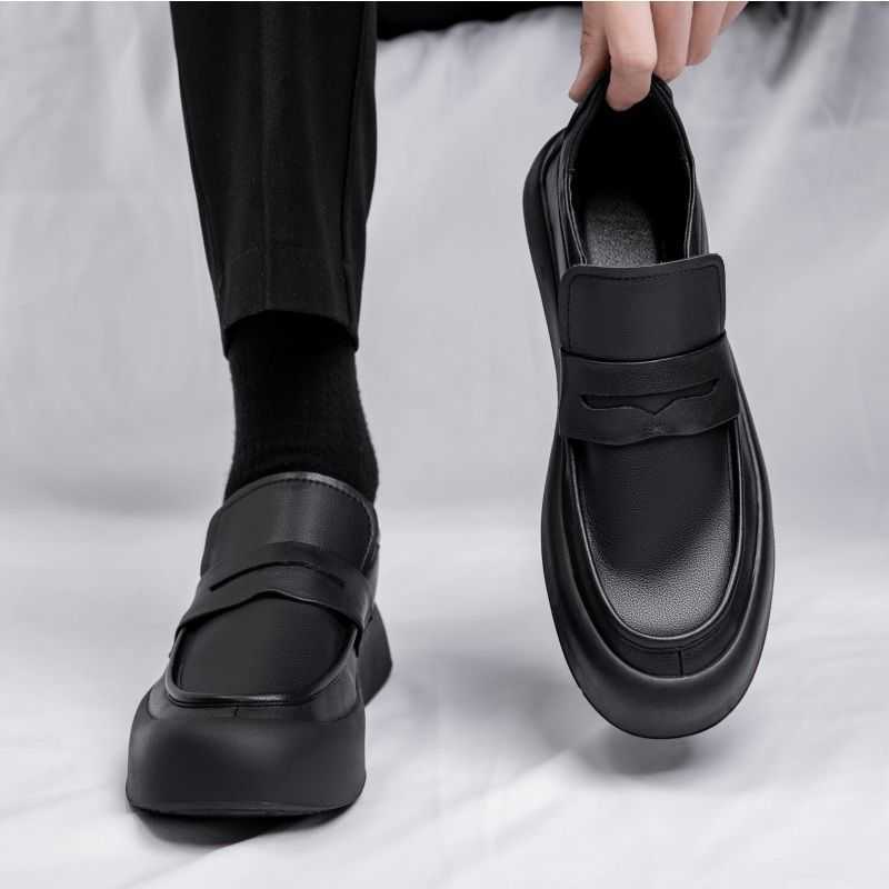 Men Dress Shoes Thick Soled Leather Shoes Mens Shoes Summer Breathable Shoes One Foot Kick Driving Soft Soled Black Formal Business Bean Shoes 241009