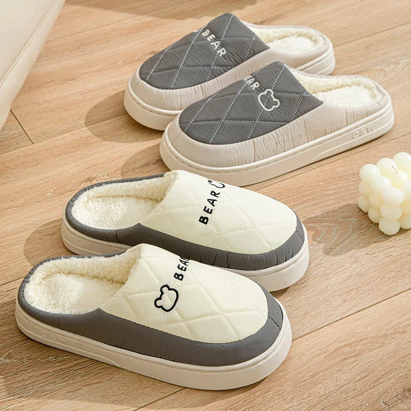 Autumn Winter Plush Warm Women Cotton Slippers Indoor Home Casual Toe Wrap Thick Slides Men Anti Slip Vamp Waterproof Soft Shoes