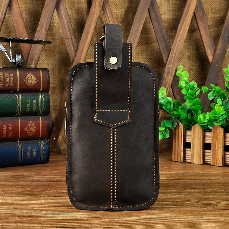 Leather mens casual small waist bag cowhide fashionable hook vagabond bag waist bag cigar box 5.5-inch phone bag 1609 241023