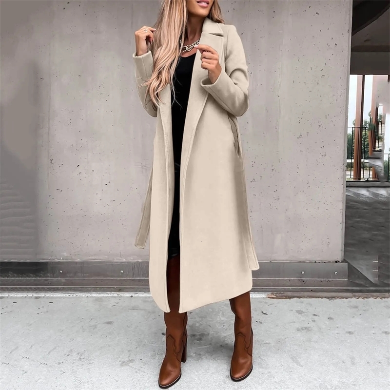 Autumn/Winter Womens Solid Color Collar Long Sleeve Wool Jacket Simple Tie Windproof 241007