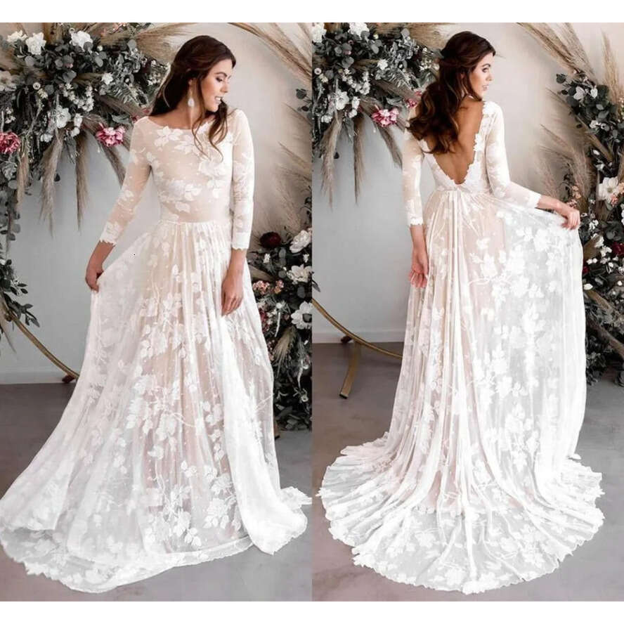 Lace Bohemian Romantic Tulle Wedding Dresses Sexy Backless A E Scoop Neck Appliques Quarter Sleeve Bridal Gowns Plus Size Bc18357 ppliques