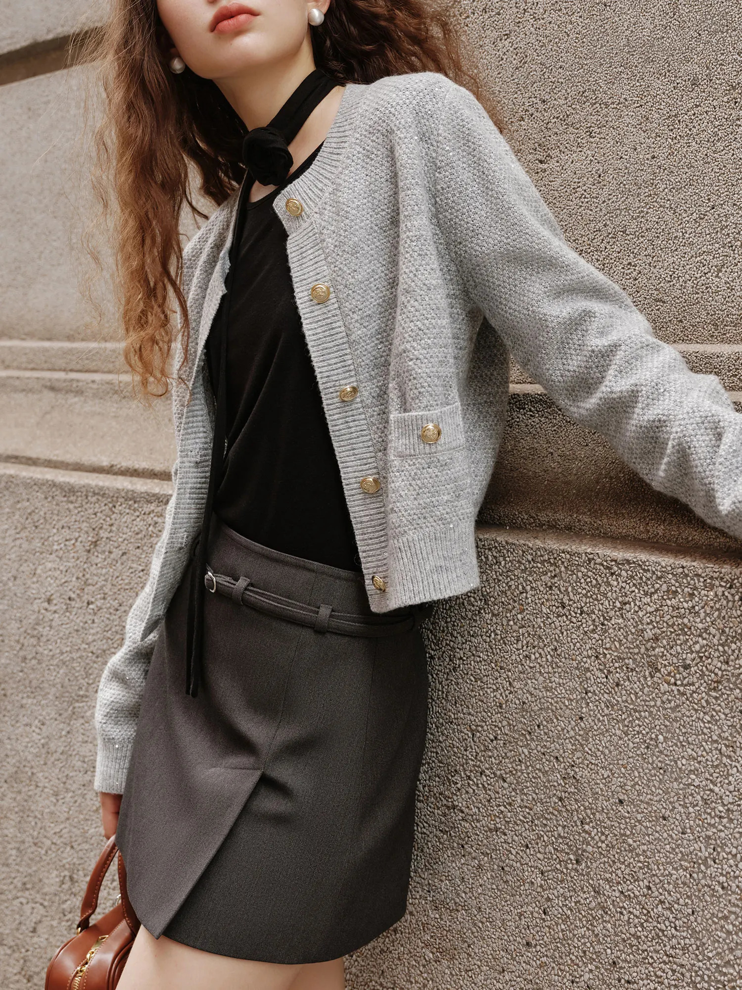 FSLE round neck knitted cardigan womens jacket autumn fully matched casual jacket top 24FS13092 241022