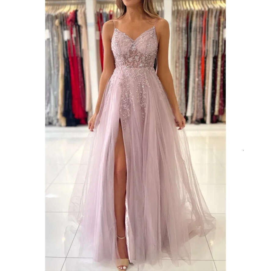 Chamapgne Blue Pink Stunning Prom Dresses A E Spahgetti Straps Split Evening Gowns With Beads Sequins Backless Party Vestidos Bc5488 vening