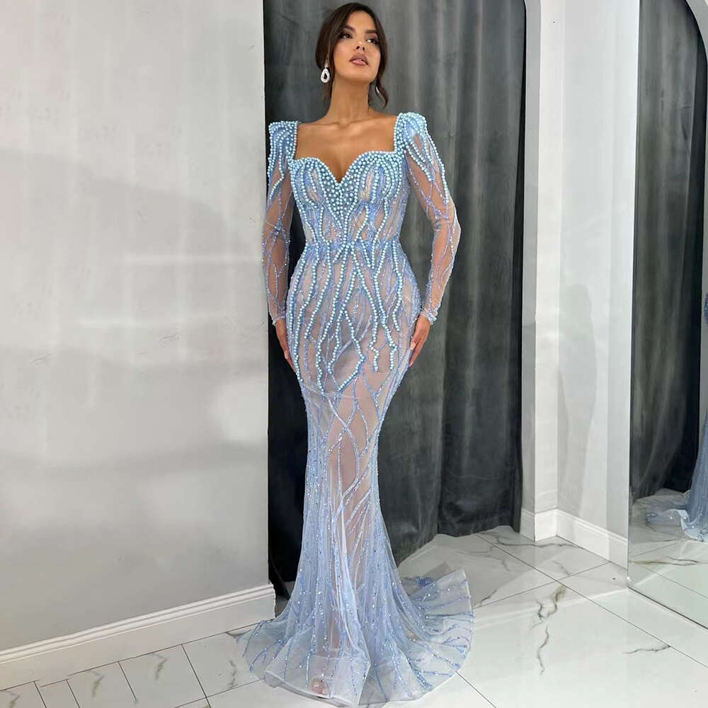 Serene Hill Blue Mermaid Pearls Beaded Arabic Elegant Evening Dresses Gowns For Woman Party