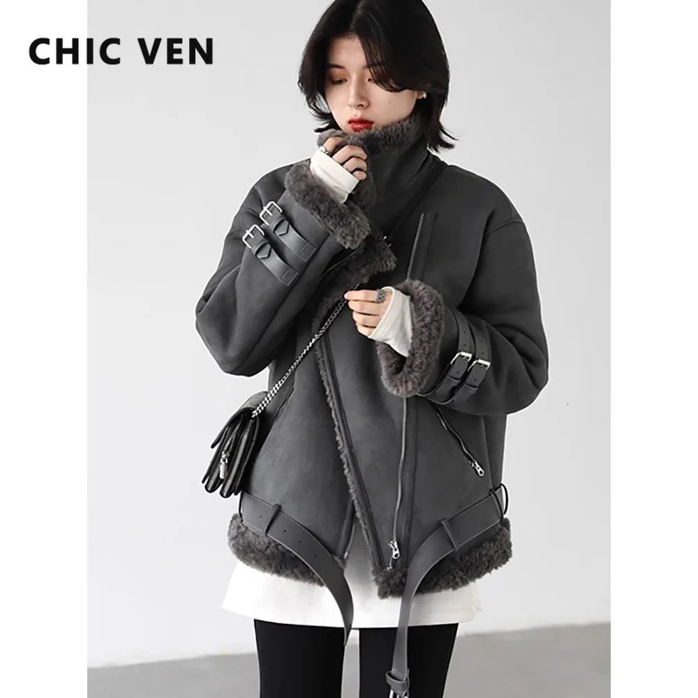 CHIC VEN Womens Loose Artificial Suede Leather Jacket Street Clothing Retro Motorcycle Jacket Thick Plush Warm Autumn 241023
