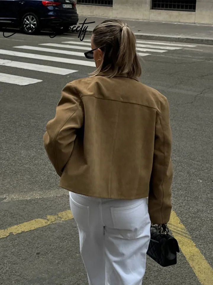 Retro suede solid jacket womens short lapel single chest long sleeved pocket jacket womens autumn city womens jacket 241023