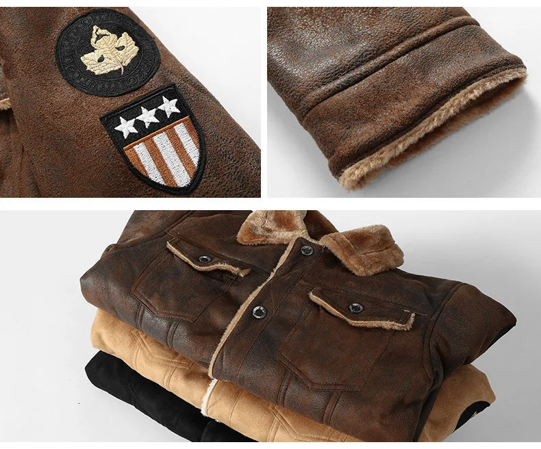 Mens autumn and winter leather bomber jacket zipper motorcycle faux fur coat mens thick wool pilot black Pu leather coat 241023