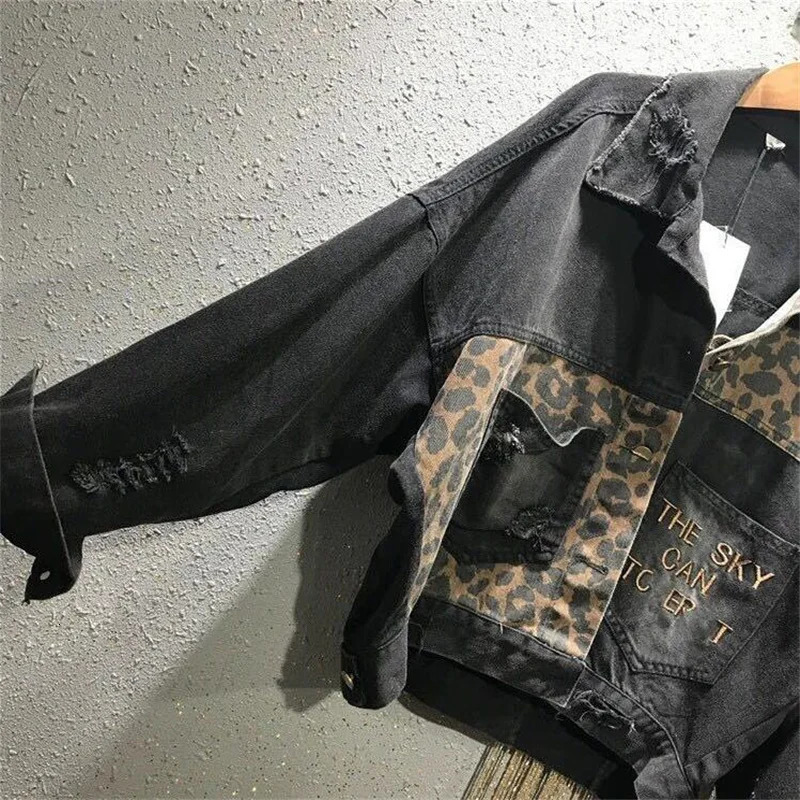 Embracery Leopard Jeans Jacket Womens Short Jacket Distressed Brushed Streetwear Loose Spring and Autumn Jacket Womens Jacket 241022