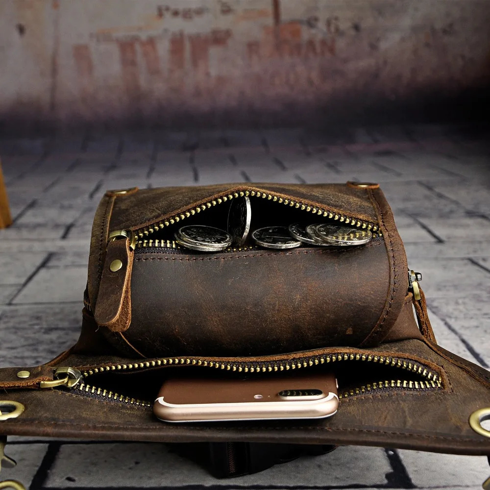 Crazy Horse Leather Mens Classic Messenger Strap Bag Multi functional Fashion Travel Belt Bag Leg Hanging Bag 211-4 241023