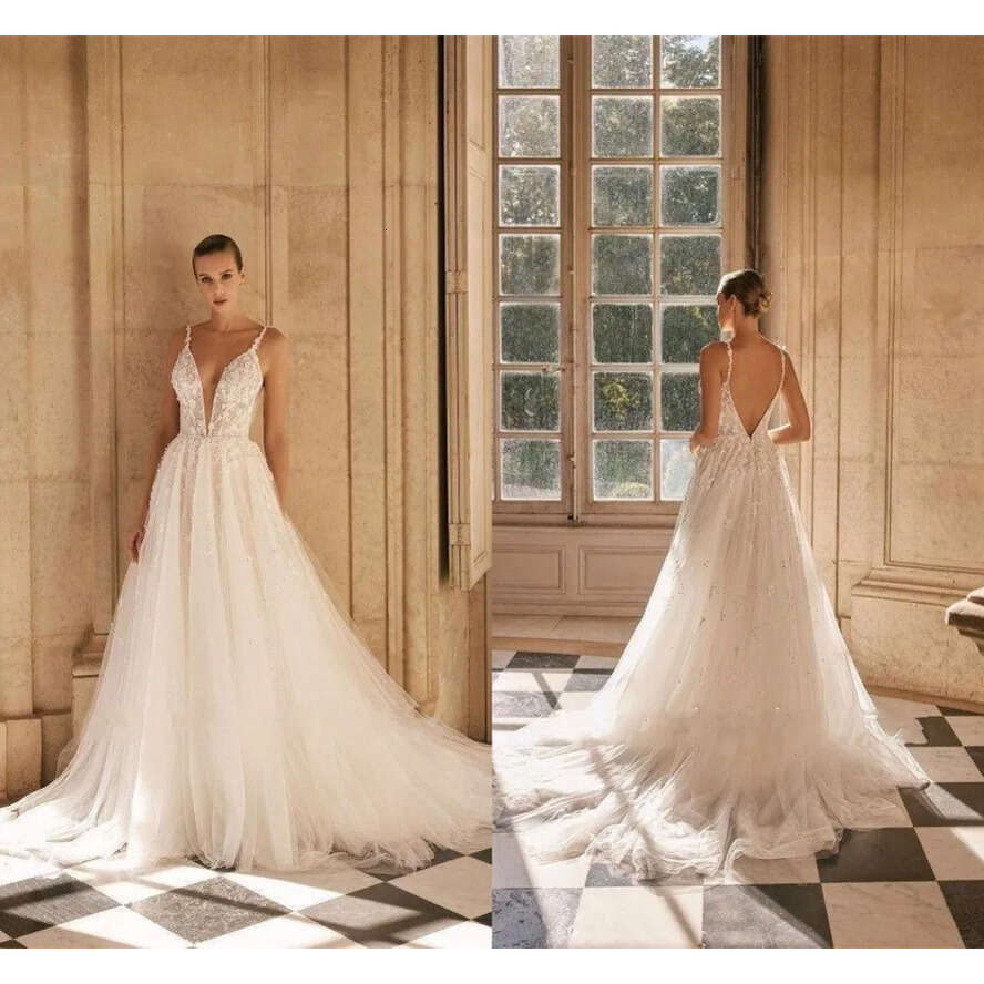 Sexy 2024 A New E Spaghetti Straps Wedding Dresses Backless Appliques Tulle Ruffles Long Bridal Gowns Plus Size Bc16587 ppliques