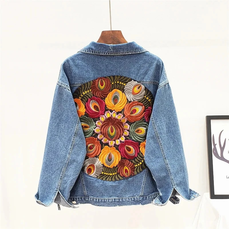 Cowboy jacket Bohemian oversized multi flower embroidered long sleeved casual fashion jacket for womens Spring and Autumn clothing 241022
