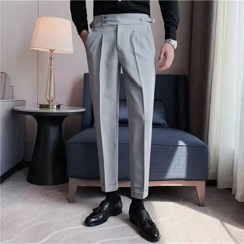 Business Young Mens British Style Casual Dress Pants Trendy Slimming Solid Color High-end Narrow Ankle Nine-point PantsX241023