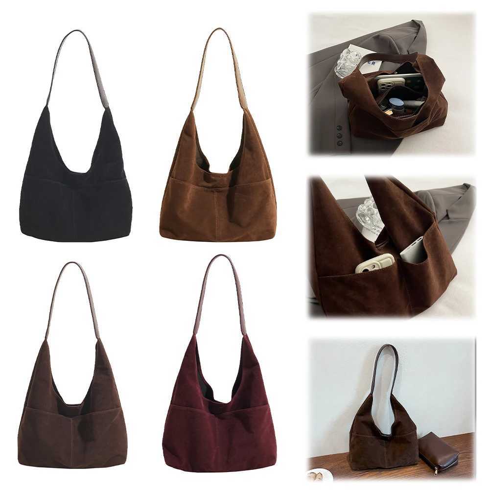 2 Pcs Women Suede Slouchy Hobo Bag with Multi Pocket Large Tote Magnetic Closure Solid Retro Handbag for Travel Work 241023