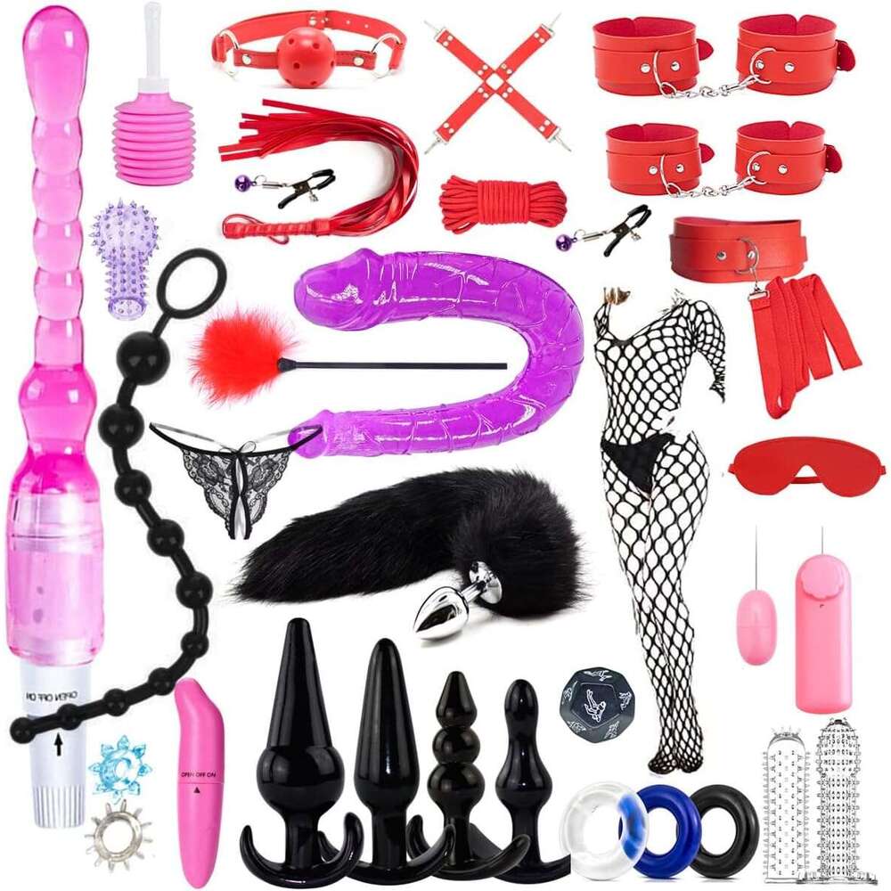 BOXIFA BDSM Restraints Sex Toys 32 Pcs Bondage Restraints Kits Crops Anal Plug Set Butt Plug Anal Plug Sex Toys Vibrator Anal Dildo BDSM Toy Kit for W