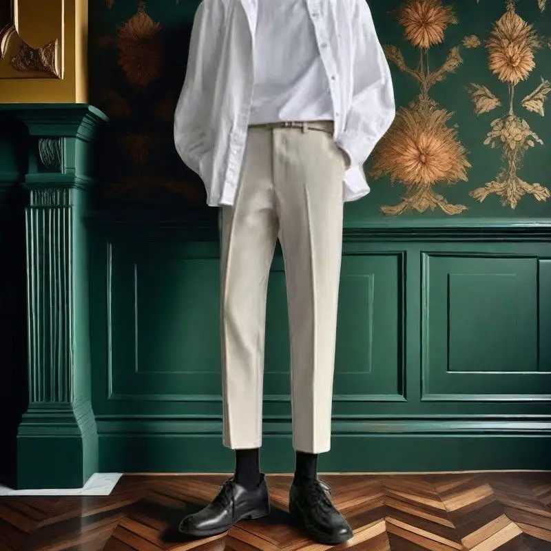 2024 New Spring and Autumn High End Fashion Business Casual High Waist Button Pocket Hanging Straight Crop Suit Pants for MenX241023