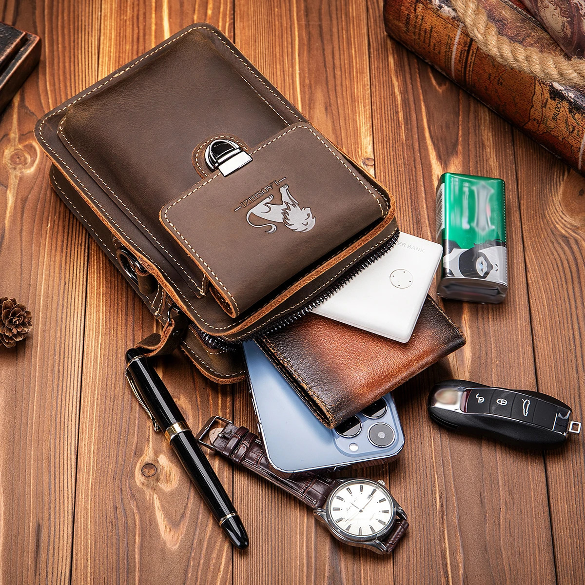 Crazy Horse Skin Mens Wear with Mobile Phone Waist Bag Top layer Cowboy Multi functional Single shoulder Cross body Mobile Phone Bag 241023