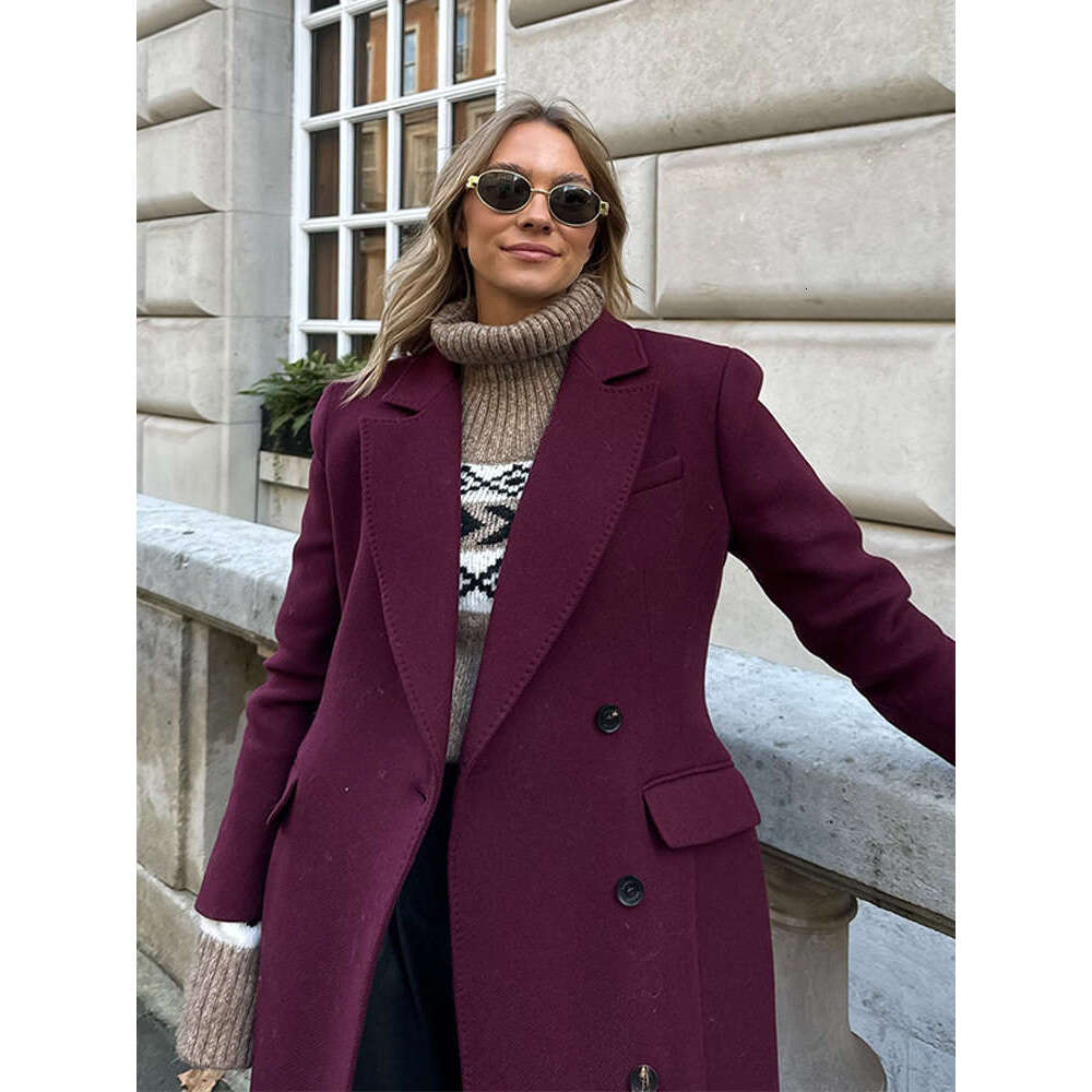 Angora Red Tweed Woolen Coat Lapel Three Button Cashmere Long Wool Suit Overcoat Double Breasted Wide Shoulder Women Outwear