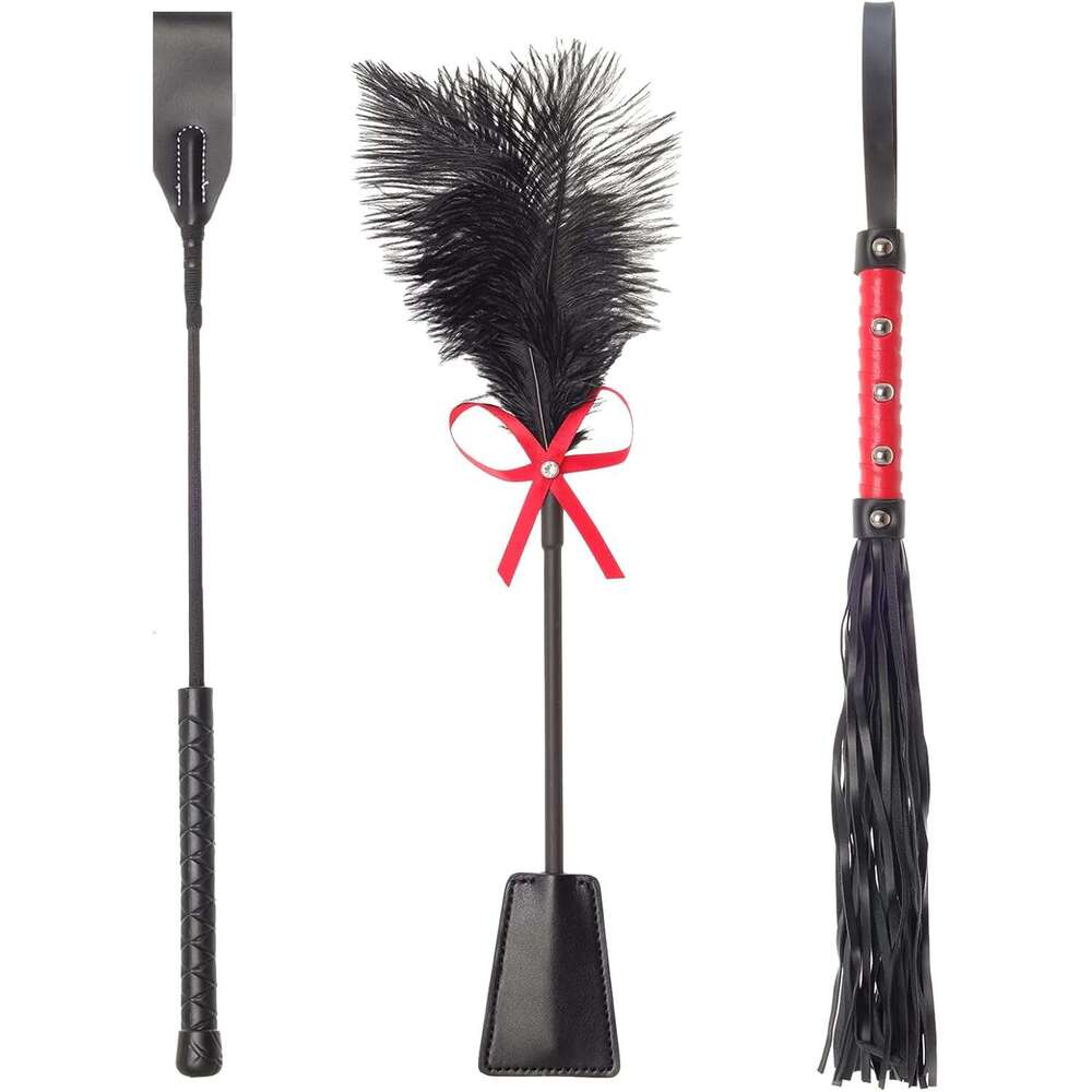 Fumwase 3 Pcs Sex Whip and Crop Set BDSM Whip Leather Horse Crop Feather Tickler for Adults Bedroom Play Sex Play Toys for Couples
