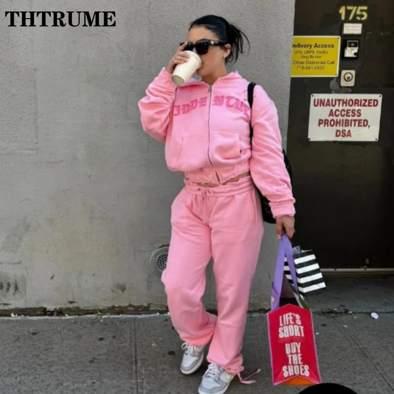 Vintage Y2K Womens Two Piece Set Womens Autumn Zipper Letter Hoodie Harajuku Pants Set Casual Gothic Aesthetic Street Dress 241023