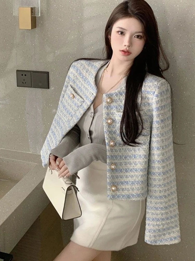 Womens casual top fashion coarse tweed striped womens jacket Ropa Mujer temperature tuning retro Korean coat womens clothing 241023